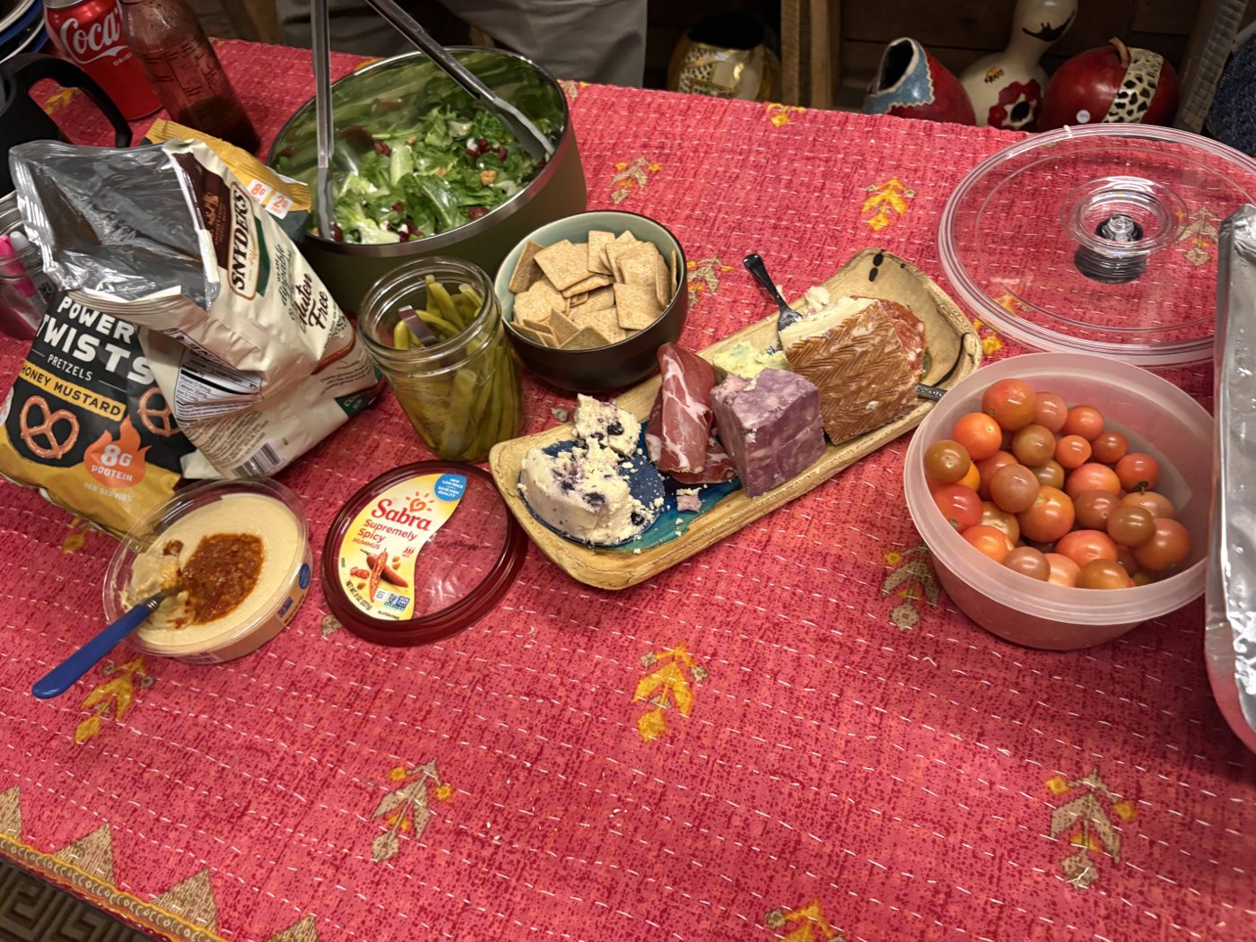 The rest of the spread: salad, cheese and crackers, hummus, cherry tomatoes and pickled greenbeans.