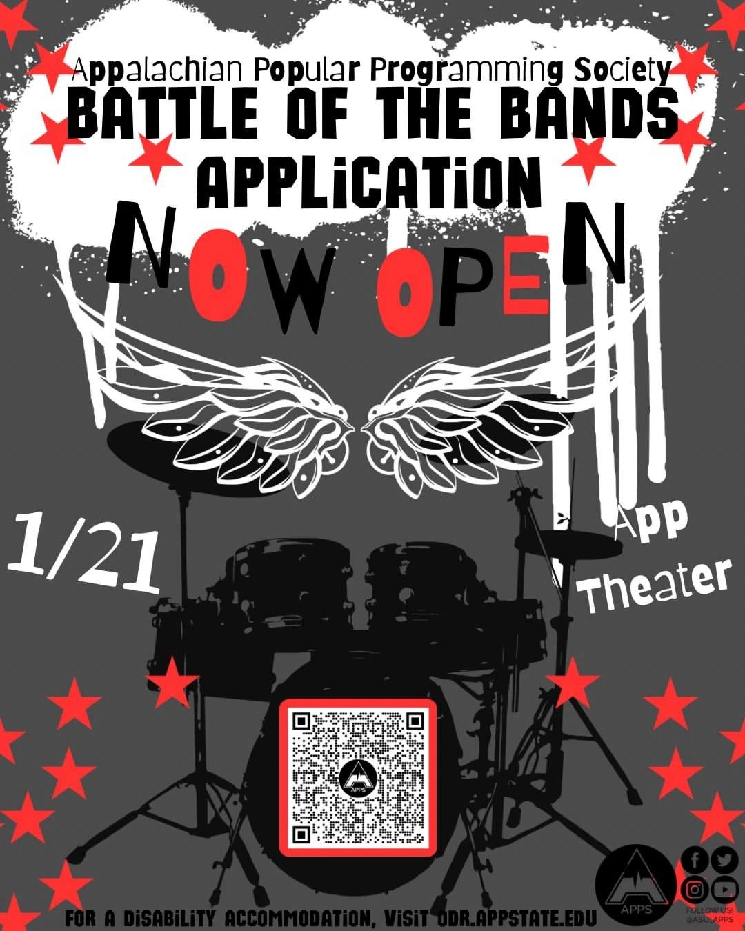 The Appalachian Popular Programming Society's flyer for its Battle of the Bands application.