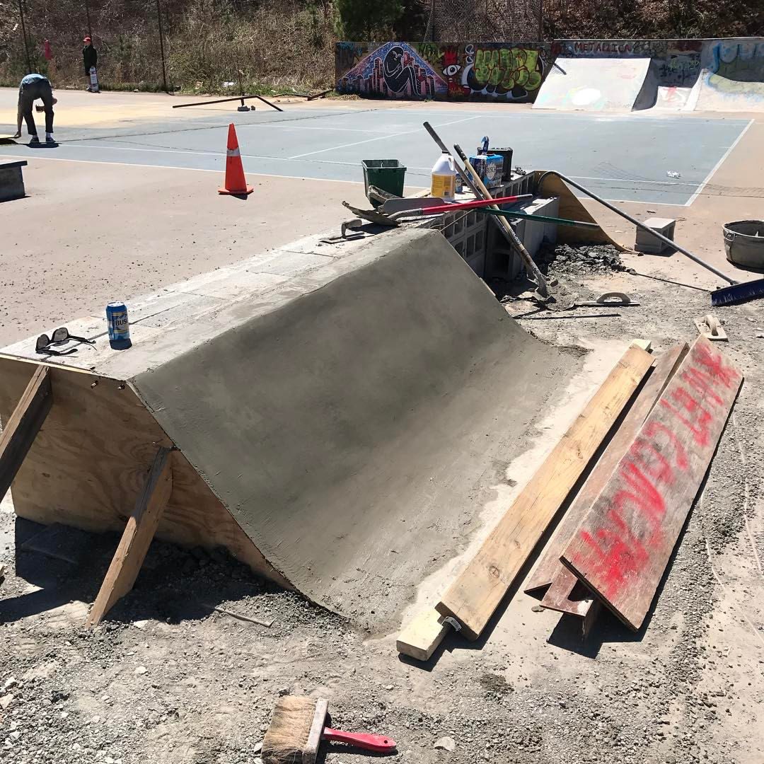A new ramp feature at the Boone DIY, 2017. Concrete still curing, don't skate it yet.