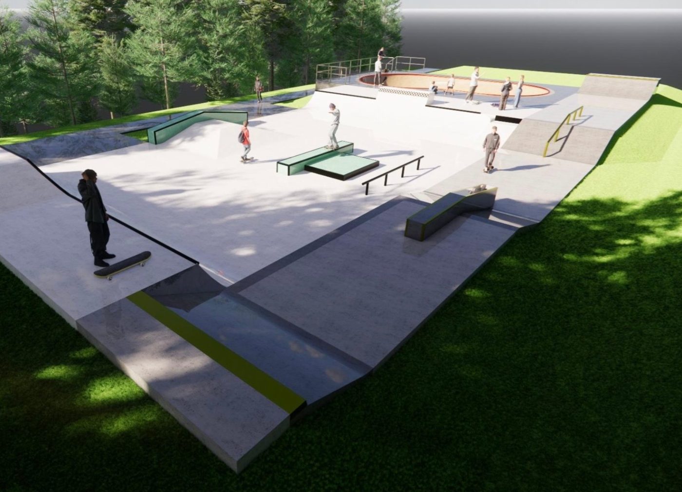 A rendering of the finished plaza, the bowl waiting behind it.