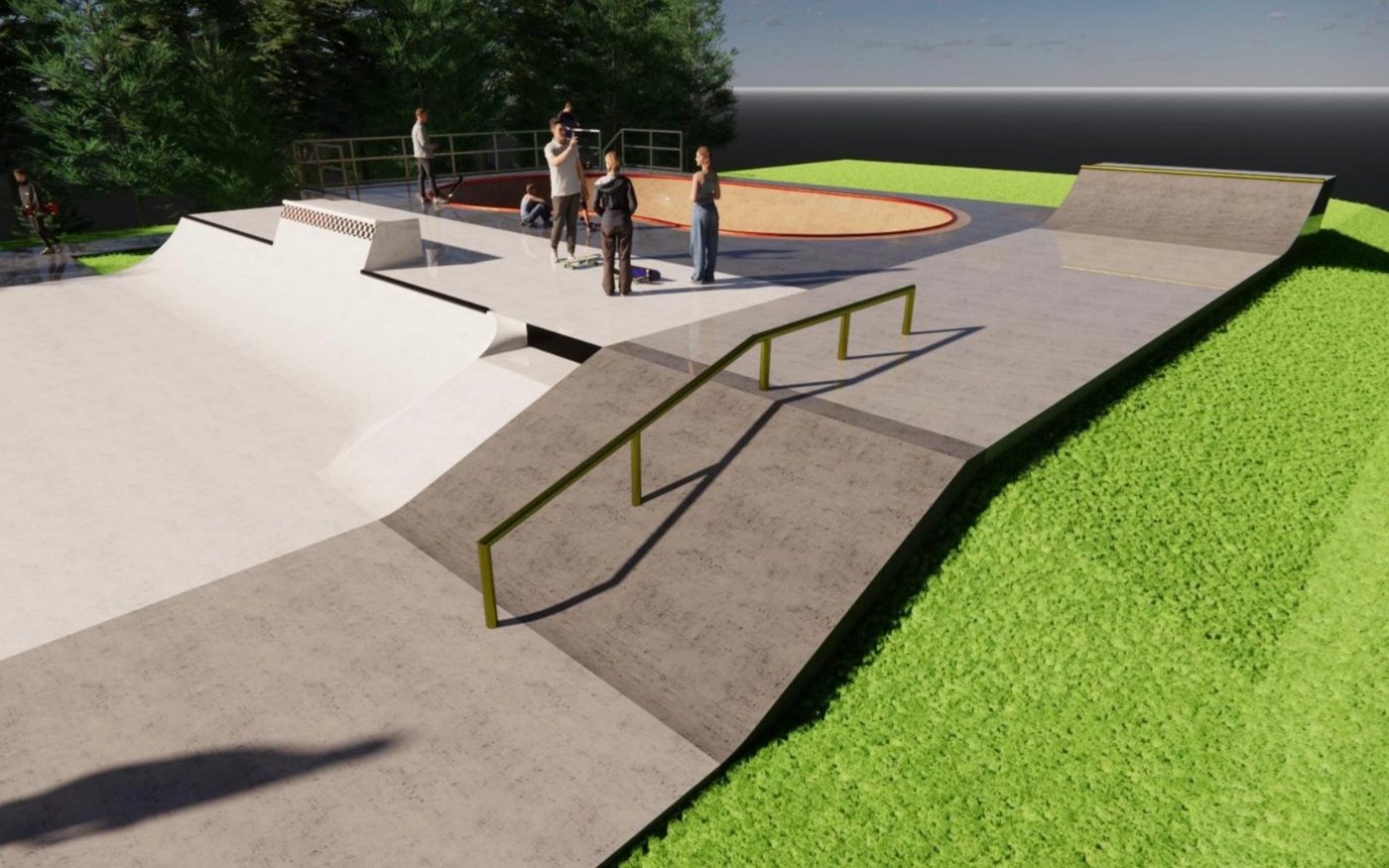 A closer look at the plaza's rail line, cutting down toward the bowl.