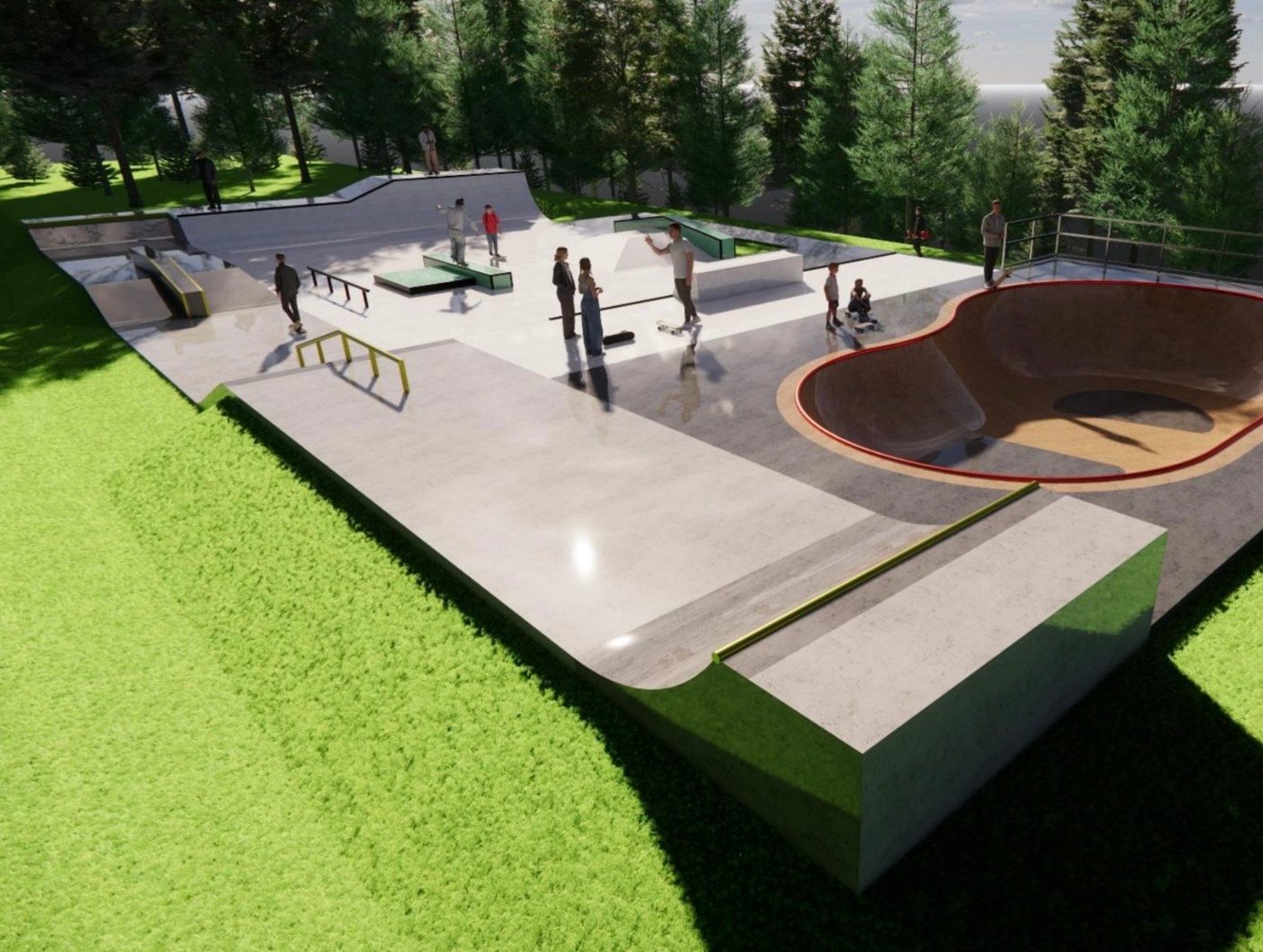 A rendering of the whole park finished, plaza and bowl side by side.