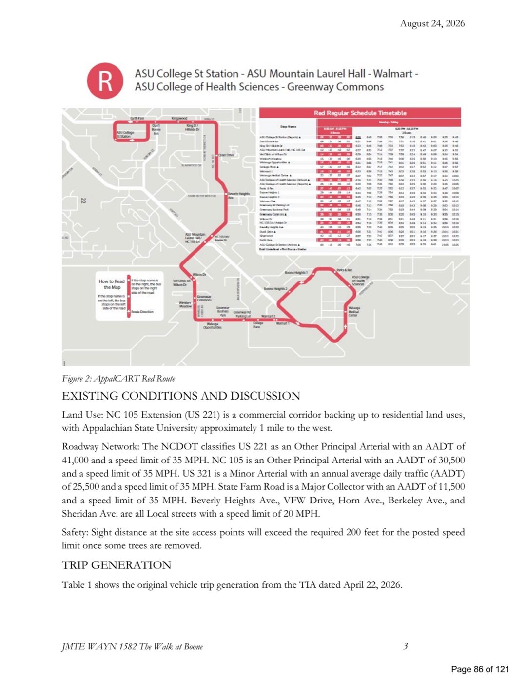 The AppalCART Red Route in the applicant's traffic memo. Three stops inside the site are proposed.