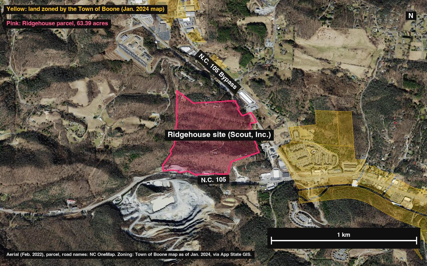 Ridgehouse parcel (pink, approximate) and Town-zoned land (yellow). NC OneMap aerial, Feb. 2022.