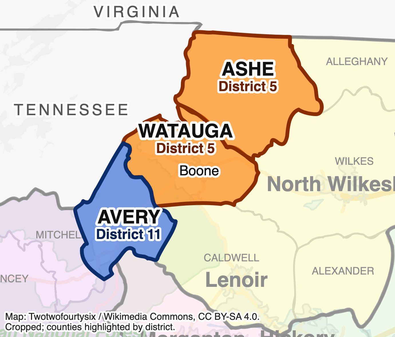 Watauga and Ashe counties (orange) are in District 5. Avery County (blue) is in District 11.