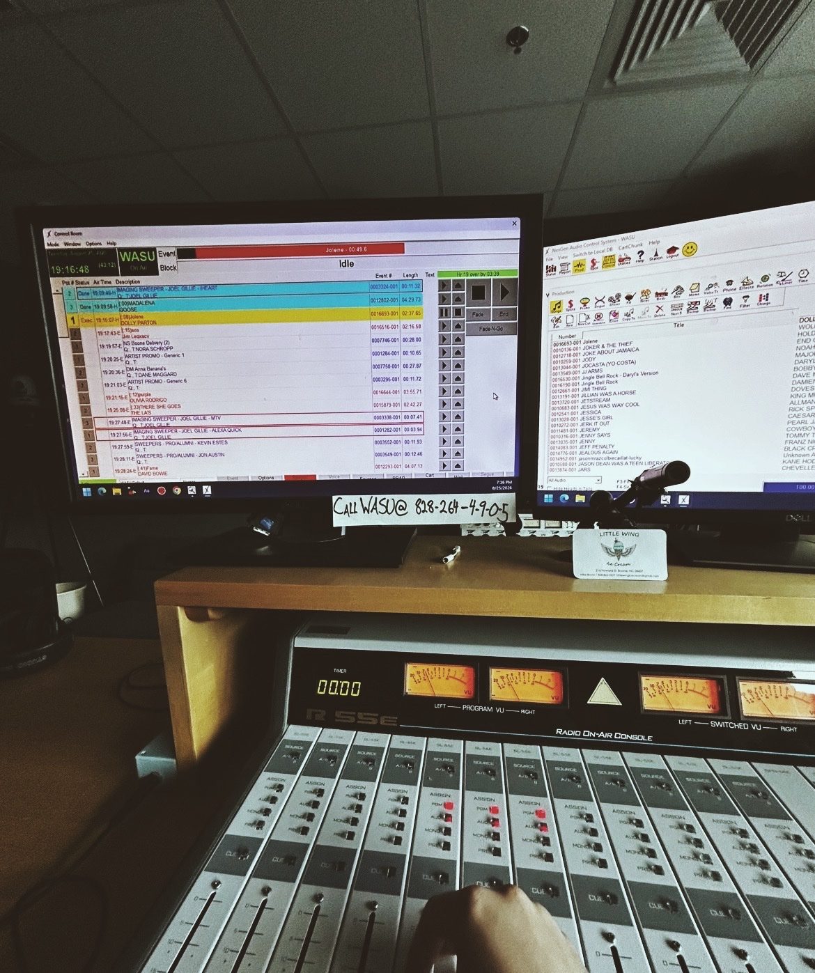 The on-air console. The request line is taped right under the monitor, 828-264-4905.