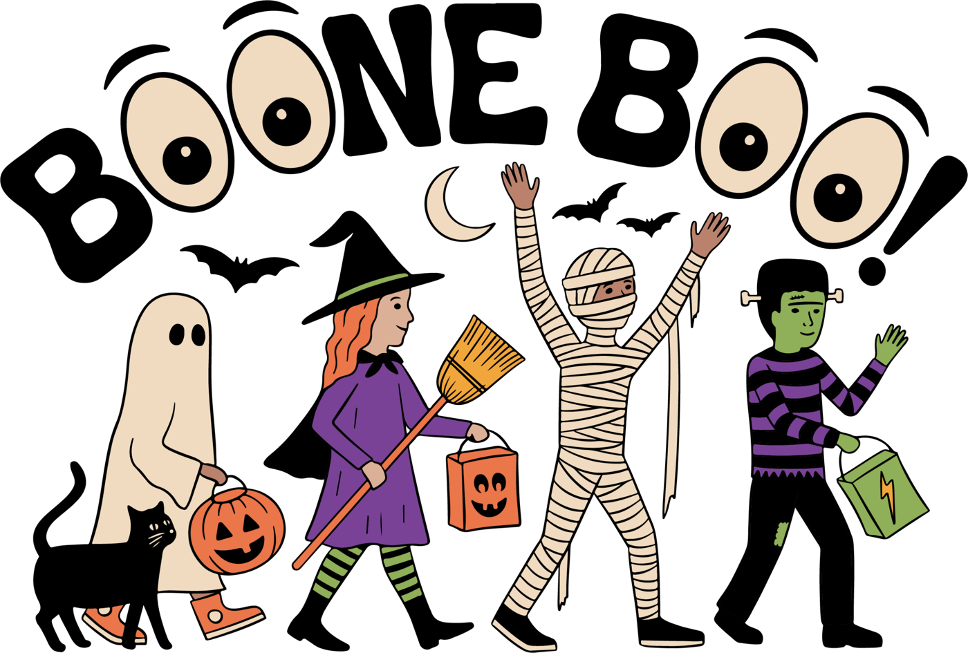 Boone BOO! art from Downtown Boone: kids in ghost, witch, mummy and Frankenstein costumes.