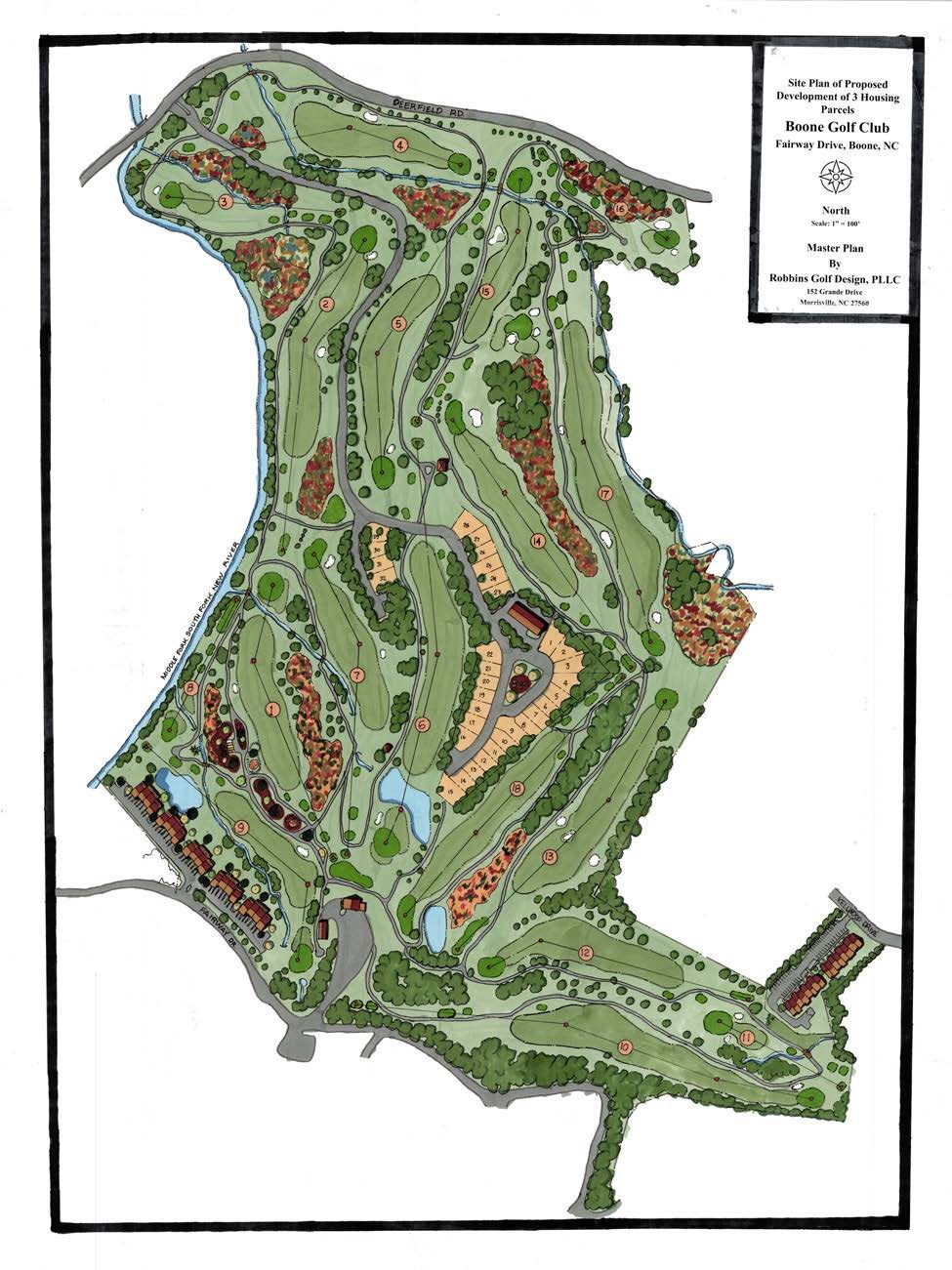 The owners' master plan for Boone Golf Club, with all 18 holes numbered and the three proposed housing parcels shaded in tan. One sits along Fairway Drive at lower left, a larger block of numbered lots runs through the center where the practice range is now, and a third is tucked off
Kellwood Drive at lower right. The Middle Fork South Fork New River runs
the length of the western edge. Drawn by Robbins Golf Design of
Morrisville and filed with the Town of Boone as part of the owners'
zoning submittal.