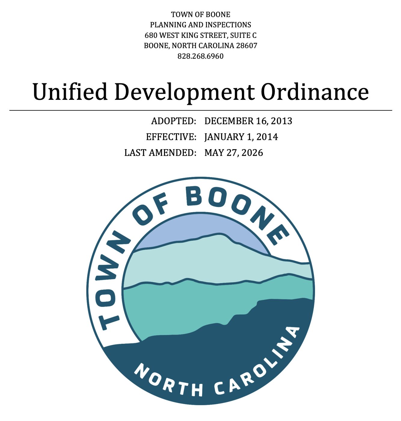 Boone's Unified Development Ordinance, last amended in May 2026