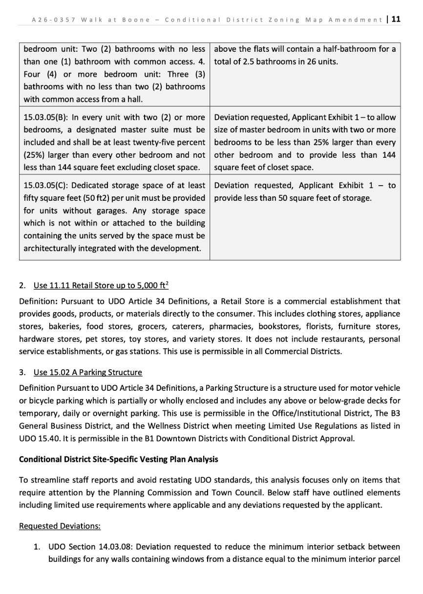 Page 11, where the table reaches the bedroom rules. The ordinance wants a primary bedroom 25% larger than every other one and 144 square feet of closet space, and the applicant asks out of both