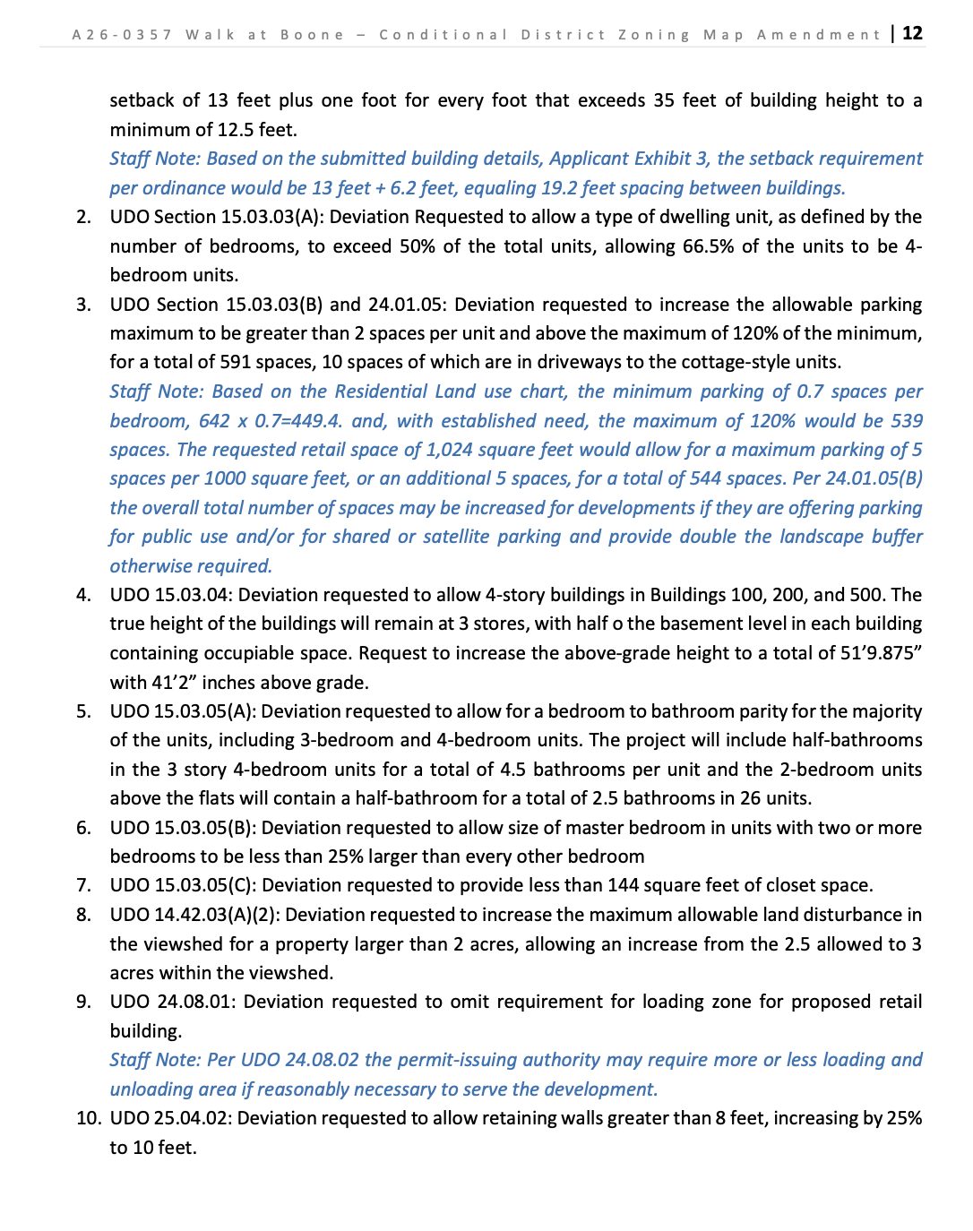 Page 12 lists all ten deviations, with planning staff's math in blue. Staff put the parking maximum at 544 spaces against the 591 requested